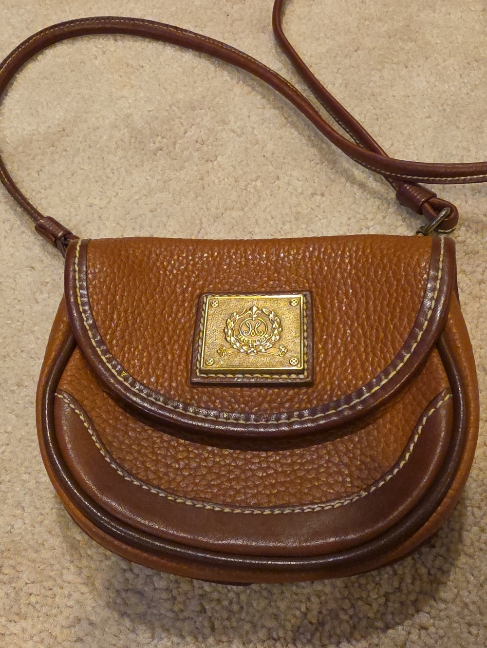 Madallion Leather Crossbody Belt Bag with Gold Plaque Accent